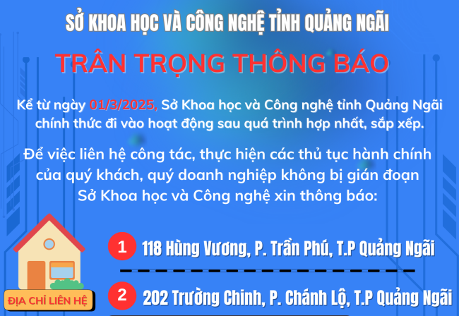 Sở Khoa học và Công nghệ tỉnh Quảng Ngãi thông báo về việc hoạt động sau khi hợp nhất, sắp xếp